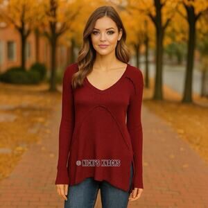 Its Our Time Maroon Waffle Knit Thermal Distressed Swing Top Long Sleeve Size M
